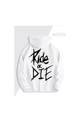 Nevermind Oversize Hoodie Ride Or Die Baskılı Unisex Kapüşonlu Sweatshirt Beyaz