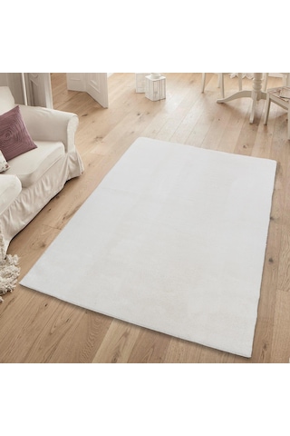 Yumuşak Peluş Halı Kaymaz Tabanlı, Yıkanabilir, Modern Dokulu Halı Krem