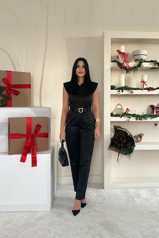 Ahes Shopping Siyah Vatkalı Kemerli Tulum Siyah