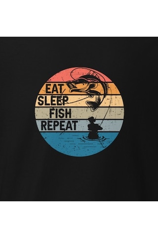 Wildstyle Retro Balık Gün Batımı Vintage Balıkçılık Deniz Baskılı Unisex Bisiklet Yaka Pamuklu Tişört Siyah