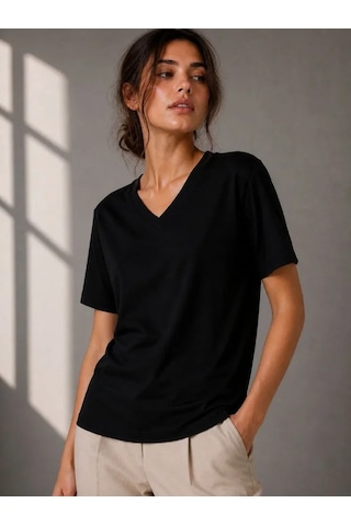 Efnaz Style V Yaka Basic Tişört Kısa Kol Yazlık Regular Fit T-shirt - Siyah