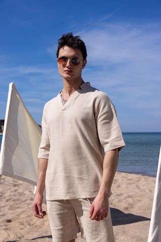 Bej Renk V Yaka Gömlek Şort Erkek Yıkamalı Keten Takım-1737 Bej