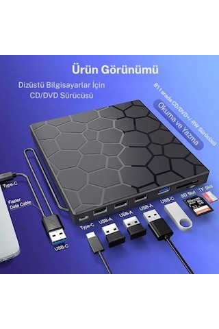Monozone Harici Cd Dvd Yazıcı Okuyucu Usb 3.0 + Type-c 8 Si 1 Arada Çoklayıcı Hub Sd/tf Kart Destekli