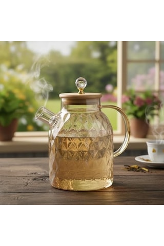 1600 Ml Desenli Isıya Dayanıklı Cam Demlik - Ahşap Kapaklı, Gold Detaylı Büyük Boy Borosilikat Çaydanlık 1