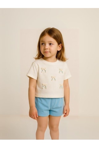 Nk Kids Kız Çocuk Fiyonk İşlemeli Pamuklu T-shirt-15965 Ekru Mavi