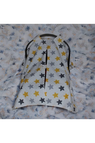 Bebek Puset Örtüsü Çift Katlı Astarlı Puset Örtüsü Sarı Yıldız Desenli Çıt Çıtlı Puset Örtüsü Açık Sarı