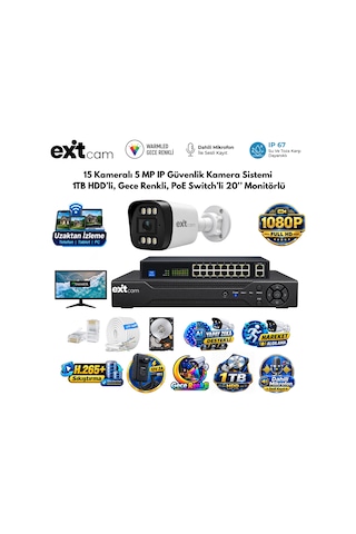 Exitcam 15 Kameralı 5 Mp Ip Poe Güvenlik Kamera Sistemi 20 İnç Monitör, 1 Tb Hdd, 300 Metre Kablo, Sesli Ve Gece Renkli