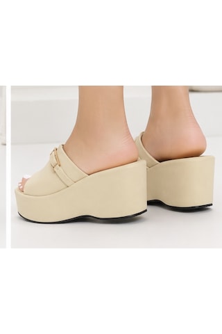 N Napa Shoe Np.9555.bej Saten Napa Shoe Kadın Dolgu Topuk Terlik Tokalı Platform Günlük Rahat Yazlık Terlik Bej