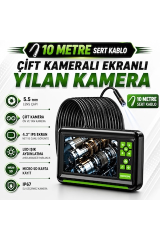 10 Metre Çift Lens Ekranlı Yılan Kamera 5.5mm Lens Sert Kablo
