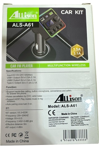Allison Als-a61 Bluetooth Araç Fm Transmitter Type-c & Çift Usb Şarjlı, Rgb Işıklı Mp3 Çalar