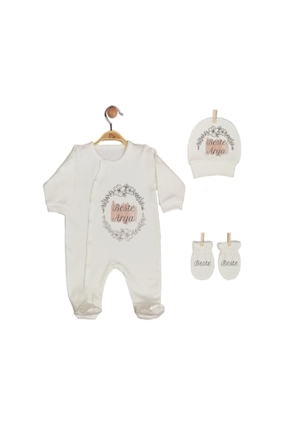 Pia Baby Gl 1908-01 İsme Özel Üçlü Tulum Set Krem