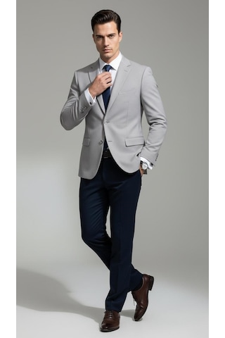Plus Scorpion Ck 142 Slim Fit Mikro Desenli Erkek Ceket Yazlık Pike Kumaş Çift Yırtmaç Blazer Gri