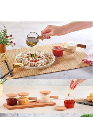 Flosoft Doğal Ahşap Stantlı Ahşap Kapaklı 4 Lü Mika Sosluk, Baharat Reçel Sos Sunum Seti