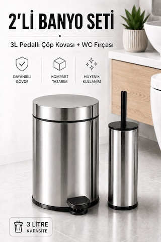 Pedallı 3 Lt Paslanmaz Metal Çöp Kovası ve Tuvalet Fırçası, 2’li Banyo ve WC Seti – Krom