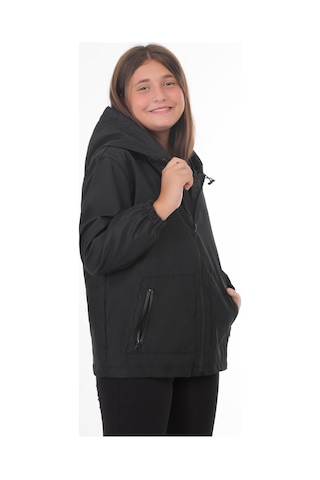 Kız Çocuk Siyah İçi Astarlı Su Ve Rüzgar Geçirmez Kapüşonlu Çift Fermuarlı Cepli Yağmurluk Siyah