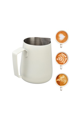 Mufunye 304 Çelik Kahve Süt Köpük Kupa, Uçlu Açık, 450ml, Kalın Cisim, Profesyonel Desenler İçin, Beyaz