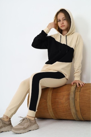 Kız Çocuk %100 Pamuk Garnili Kapüşonlu Uzun Kol Alt&üst Eşofman Takım-eşt-0018 KREM