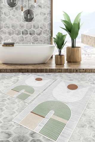 Dijital Baskı Modern Kaymaz Taban 2li Set Banyo Paspası Klozet Takımı 50x60cm-60x100cm Yeşil