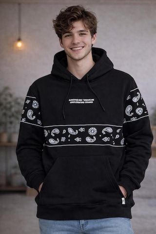 Starzone Kapüşonlu Smelardo Garden Tasarım Baskılı Sweatshirt Siyah