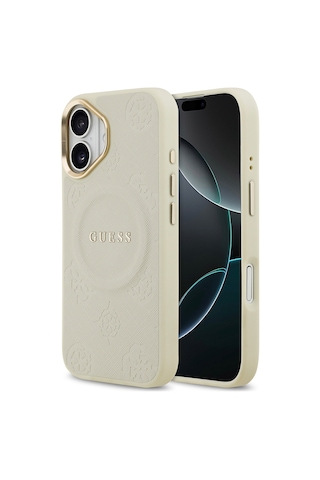 Apple Uyumlu iPhone 17 Kılıf Guess Lisanslı M-safe Özellik Sıcak Baskı Yazı Logolu Pu Deri Peony Kapak Bej Bej
