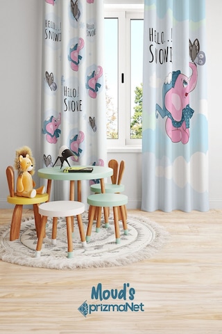 Pembe Fil Desenli Baskılı Çocuk Ve Bebek Odası Fon Perdesi 2 Kanat - Prd-24 Çok Renkli