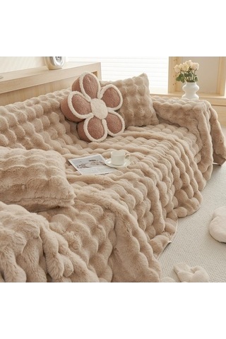 Willowhaven Kış Yumuşak Tavşan Peluş Kanepe Havlusu, Modern Açık Kahve Örtü, 180x130 Cm, Kombine Kanepe İçin Açık Kahve