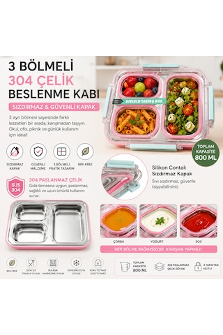 Muzeko Diyet, Beslenme Kabı Mzk4003 Sızdırmaz Kapaklı Metal 3 Bölmeli Lunch Box Beslenme 800ml 304çelik Pembe Okul Piknik Ve İşyerleri İçin Açık Pembe