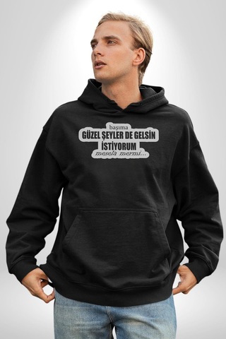Başıma Güzel Şeylerde Gelsin İstiyorum Mesela Mermi Yazılı Kadın Erkek Siyah Kapüşonlu Sweatshirt Hoodie Siyah