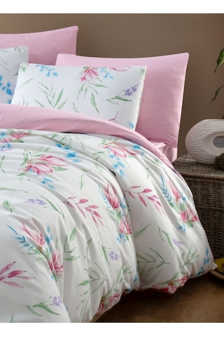 Mystory Home Lastikli Çarşaflı Çift Kişilik Nevresim Takımı Tulip Pembe - Yeşil
