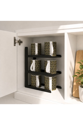 3 Katlı Türk Kahvesi Ve Espresso Fincan Organizeri, Dolap İçi Düzenleyici 16x21,5x7,5 Cm Siyah