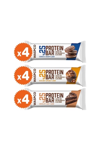 Waspco Bitter Çikolata Kaplı Protein Bar Karma Kutu 36G x 12 Adet 3 Çeşit
