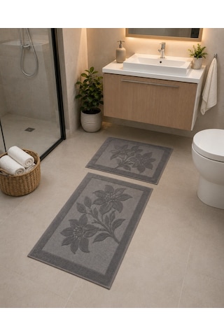 Kabartma Çiçek Desenli 2 Li Banyo Paspas Seti Yumuşak Dokulu Modern Banyo Halısı Antrasit