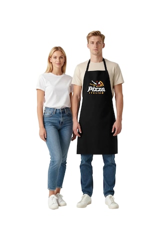 Unisex Mutfak Önlüğü İtalyan Pizza Baskılı Rahat Kesim Boyundan A Siyah
