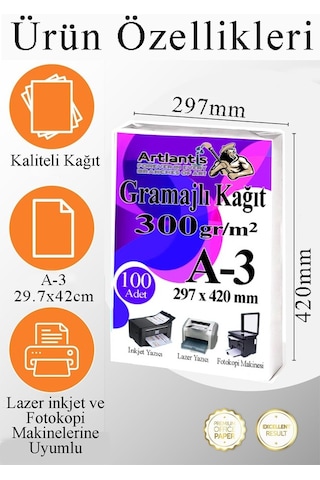 A3 Gramajlı Fotokopi Kağıdı 50 Adet 300 Gr Sertifika Kağıdı Kalın Kağıt Baskı Tüm Yazıcılara Uyumlu 29.7x42cm Ofis Büro
