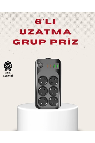 6 Lı Grup Priz Termal Korumalı Usb Type-c Çoklu Priz 2 Metre Kablo Standart