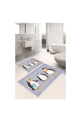 Penguen Desenli Dijital Baskılı Yıkanabilir 2li Banyo Paspası 50x60-60x100 Gri