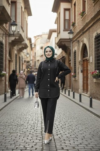 Hb Harma Time Butik Kadın Kot Ceket Pantolon İkili Kot Siyah Takım