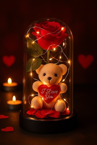 Dekoratif Tasarım Fanus Led Işıklı Kırmızı Gül I Love You Ayıcık Sevgiliye Romantik Aşk Hediye Seti