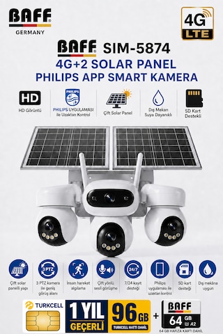 SIM-5874 Çift Solar Panelli 4G SIM Kartlı 3 Lensli PTZ Akıllı Dış Mekan Güvenlik Kamerası HD IP Kamera + 96 GB SIM Kartı ve 64 GB Hafıza Kartı Dahil