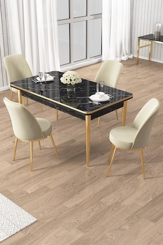 Canisa Rewa Serisi 70x110 Sabit Siyah Mermer Desen Gold Detay Masa Takımı Ve 4 Krem Sandalye Masa Siyah Mermer Sandalye Krem Gold Ayak