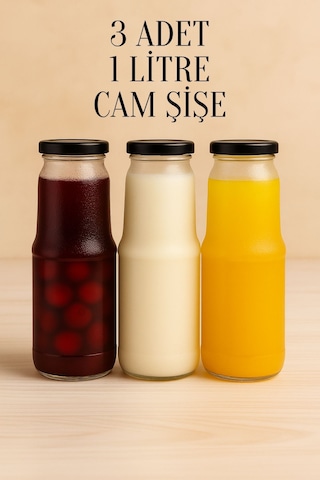 Rotanev Şeffaf Sürahi Süt, Ayran, Su, Limonata, Meşrubat Şişesi Metal Siyah Kapaklı Cam Şişe  3 Adet 1 Litre