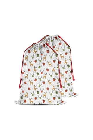 Büyük Noel Baba Hediye Çantası, Pamuklu Kordonlu, Yeniden Kullanılabilir Noel Geyik Hediyesi