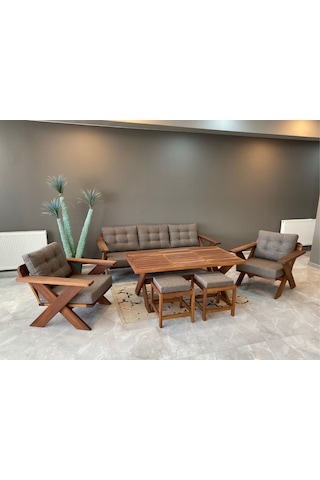 Verona Masif Ahşap Bahçe Koltuk Takımı Kestane Ağacı 3+1+1 Masa Kahverengi