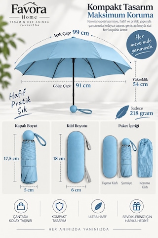 Favora Rainbox Kapsül Şemsiye - Kutulu Mini Katlanır Çanta Boy Şemsiye Buz Mavisi
