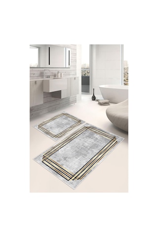 Dijital Baskı Çerçeveli Kaymaz Taban 2li Set Banyo Paspası Klozet Takımı 50x60cm-60x100cm Gri