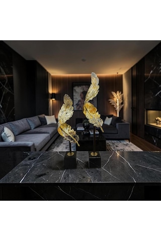 Olden Feather Metal Dekoratif Obje Modern Lüks Tüy Tasarım Masa Üstü Ev & Ofis Aksesuarı