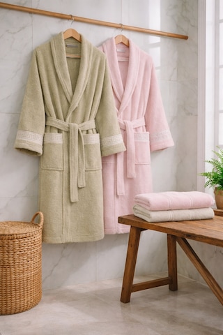 6 Parça Aile Bornoz Seti Yüksek Emici, Dayanıklı & Yumuşak Doku, %70 Pamuk %30 Polyester Pembe