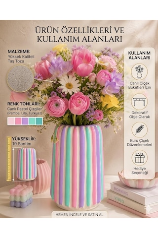 El Yapımı Beton Vazo, Pastel Çizgili, Maksimalist Modern Bohem Stil, 17 Cm Yükseklik, 10 Cm Genişlik, Pembe Mavi Mo Çok Renkli