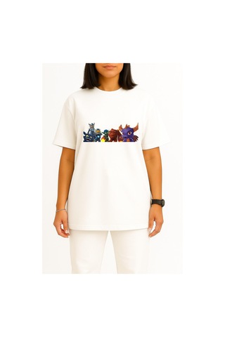 Bahriyeli Collection Oversize Imaginators Skylanders Superchargers Göğüs Tasarımlı Unisex T-shirt Beyaz