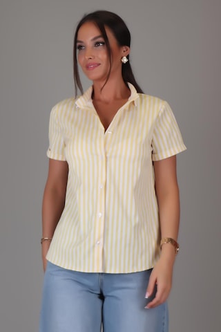 Sweetness Kadın Sarı Çizgili Kısa Kollu Likralı Pamuklu Klasik Gömlek Dk004-6 Sarı